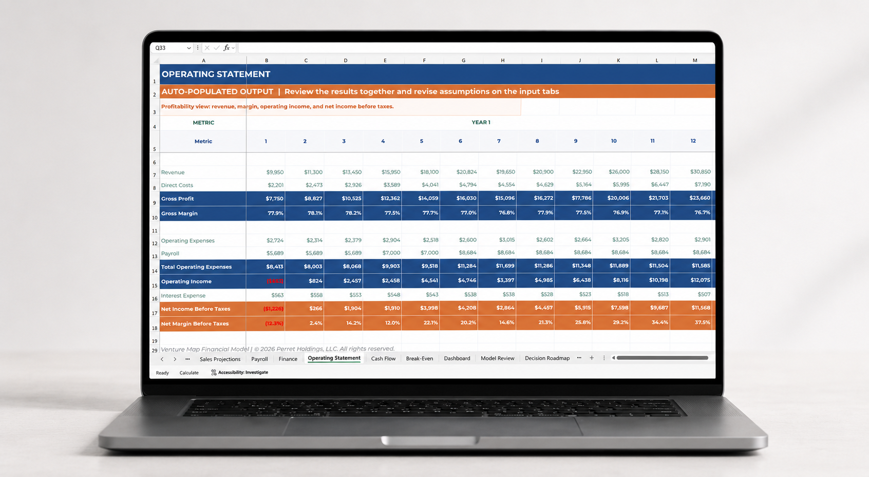 Venture Map Financial Model Operating Statement shown on a laptop