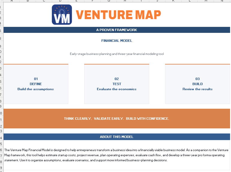Venture Map Financial Model welcome screen